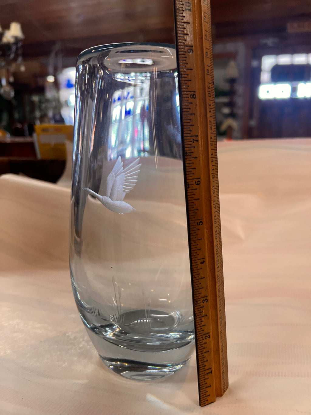 Vintage 9” Blue Crystal Vase – Etched Flying Duck – Hand-Blown Wildlife Art Glass