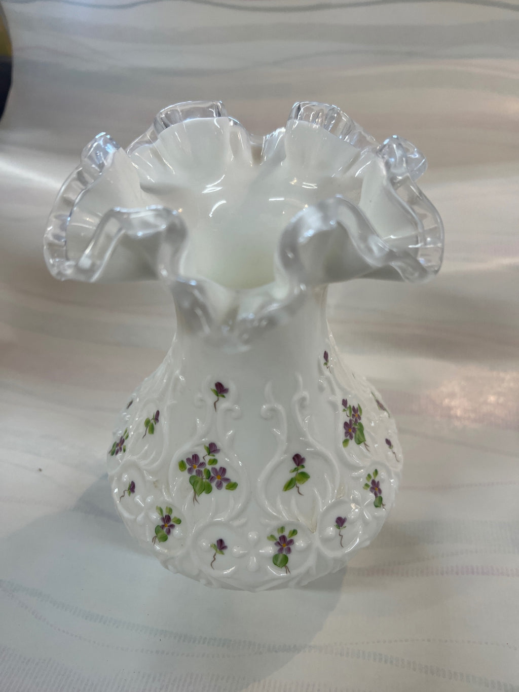 Vintage F. Stevens Milk Glass Vase – Ruffled Edge with Hand-Painted Violets – Decorative Floral Relief