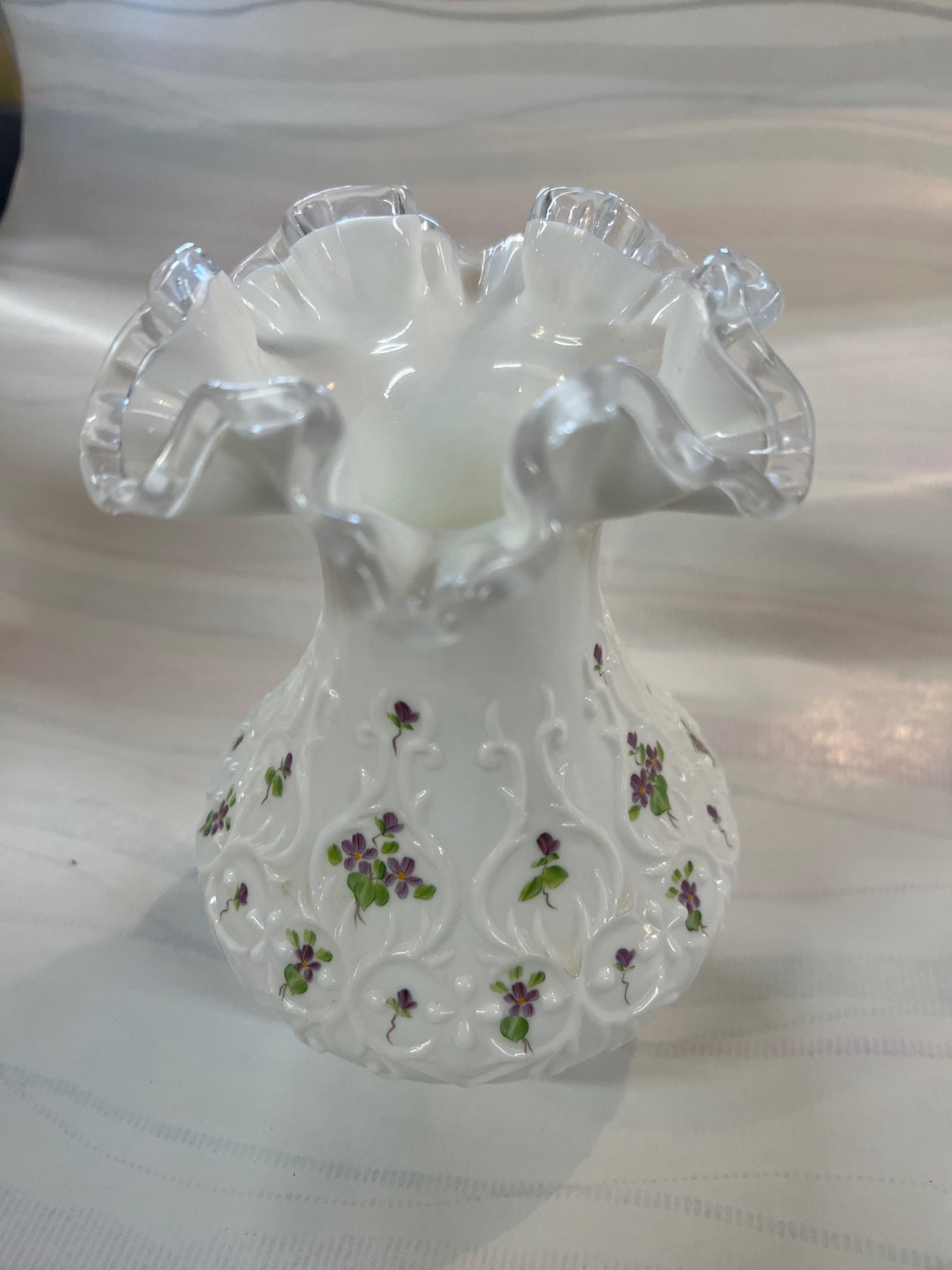 Vintage F. Stevens Milk Glass Vase – Ruffled Edge with Hand-Painted Violets – Decorative Floral Relief