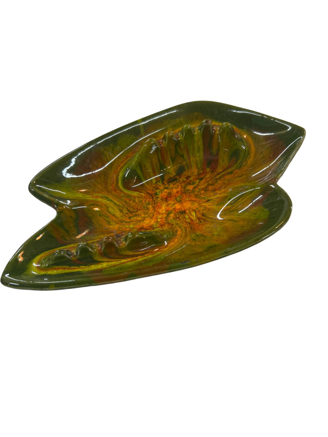 Vintage California Originals Style Ashtray – Green & Orange Glazed Leaf Design – Mid-Century Modern