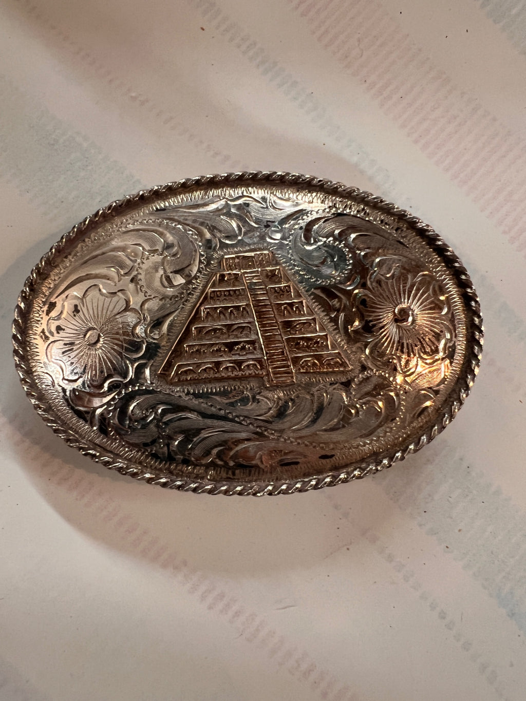 Vintage Mexican .925 Sterling Silver Belt Buckle – Handcrafted in Jalisco – Pyramid Design