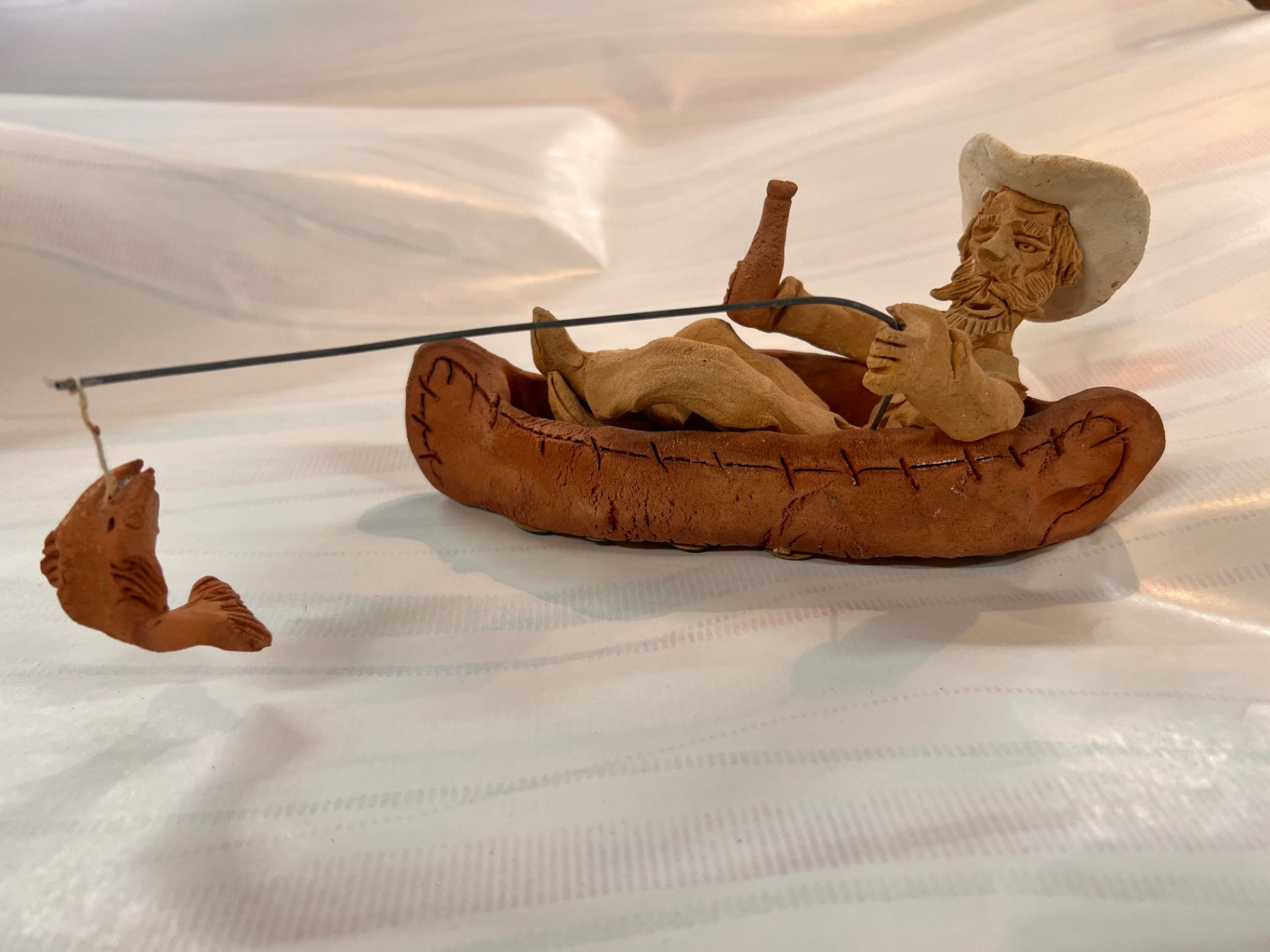 Vintage Schoolcraft Sawdust Art Cowboy Figurine – 9” Canoe Fisherman with Beer – Schoolcraft Folk Style