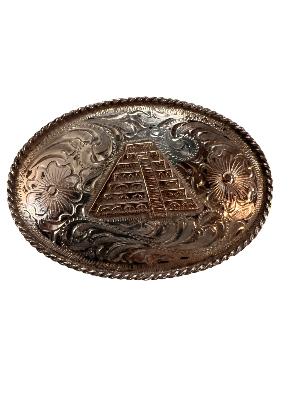 Vintage Mexican .925 Sterling Silver Belt Buckle – Handcrafted in Jalisco – Pyramid Design