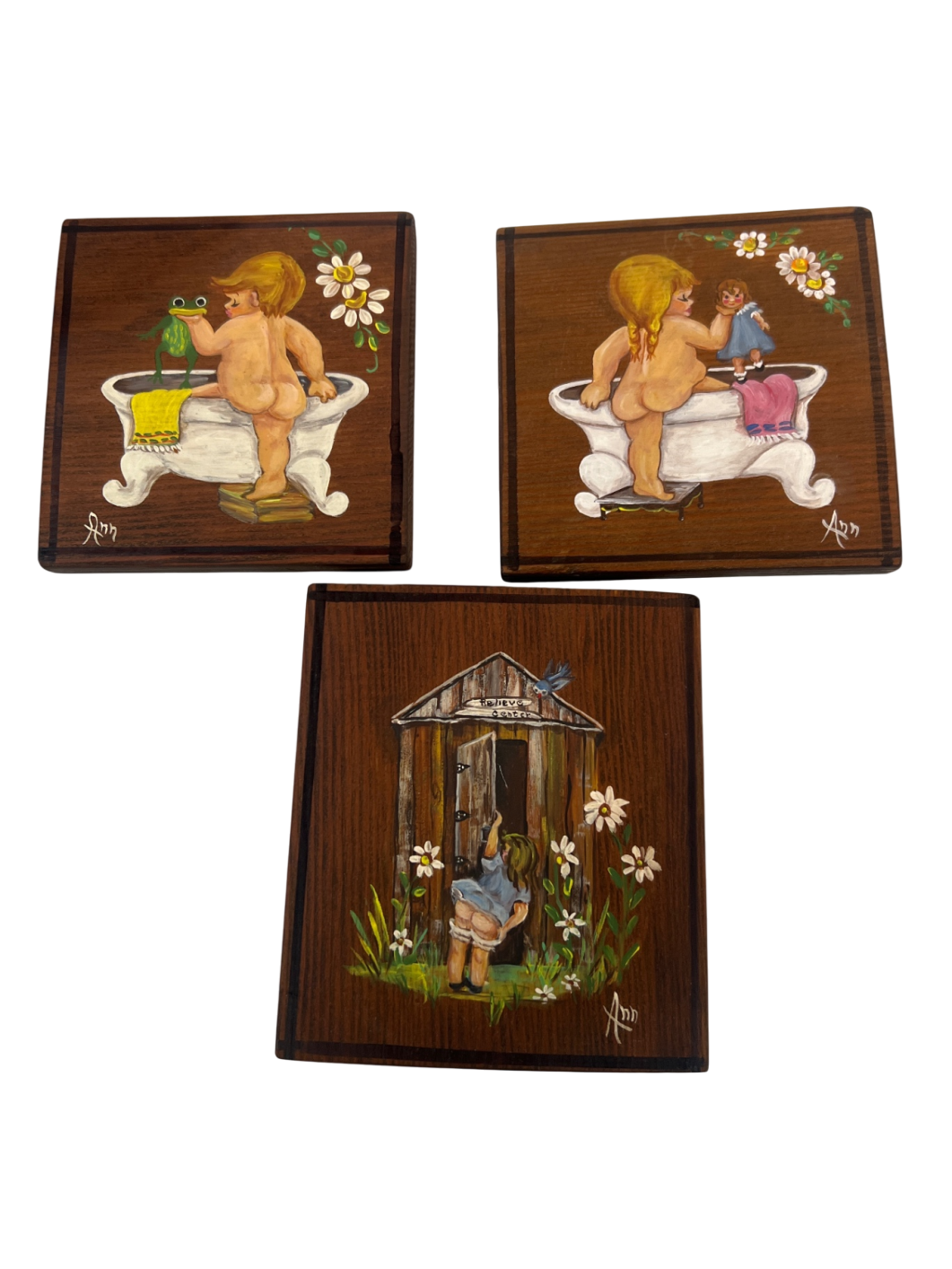 Vintage Hand-Painted Bathroom Wall Plaques – Set of 3 by “Ann” – Outhouse & Bathtub Humor Art