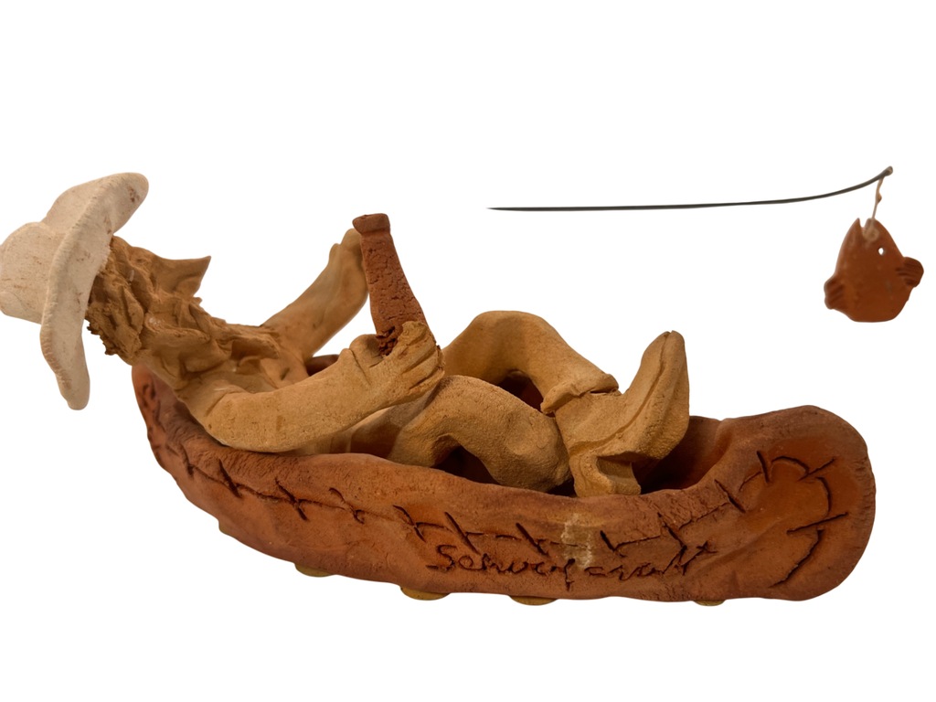 Vintage Schoolcraft Sawdust Art Cowboy Figurine – 9” Canoe Fisherman with Beer – Schoolcraft Folk Style