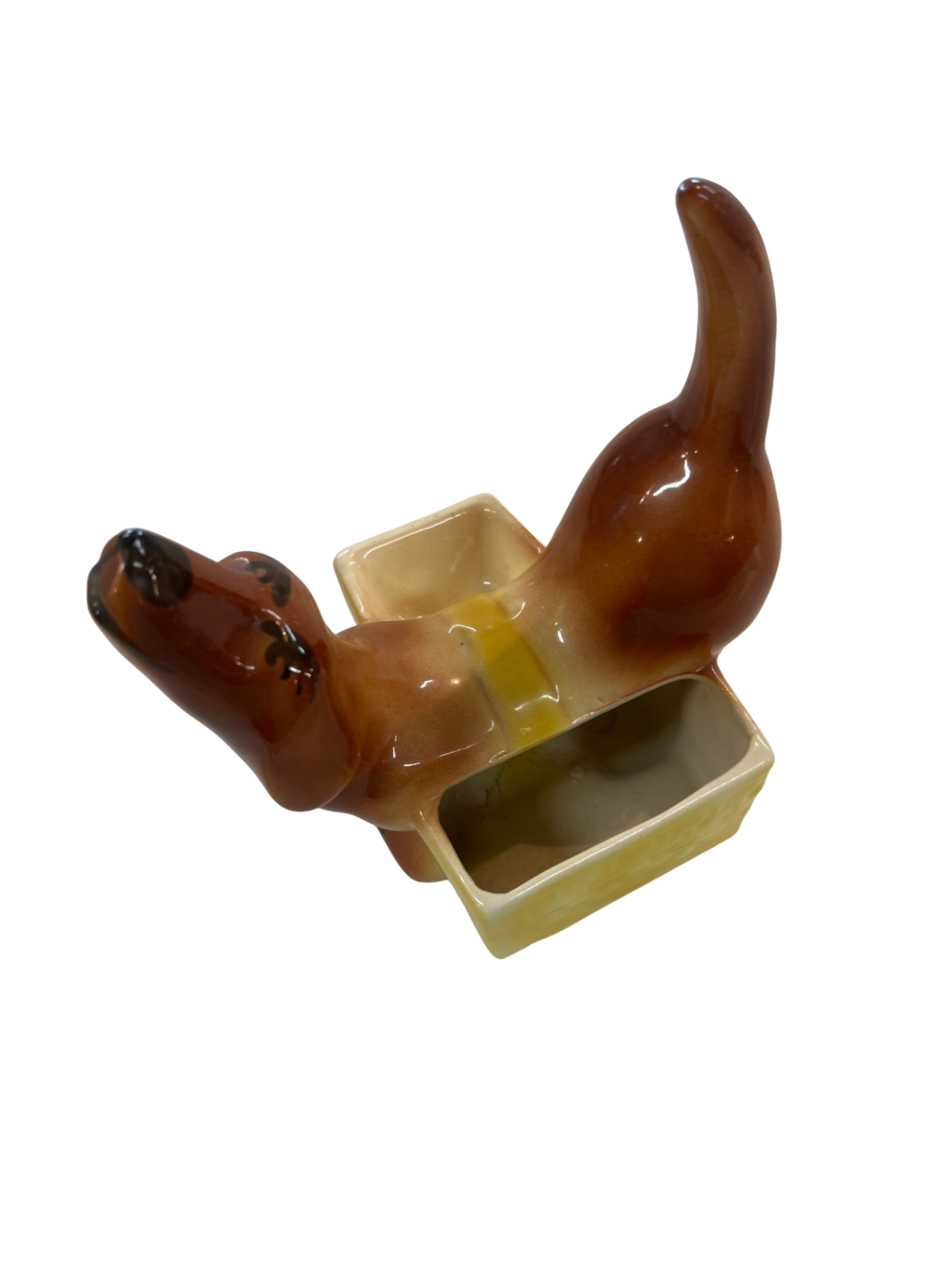 Vintage Ceramic Dog Planter – Mid-Century Yellow & Brown Glazed Pottery – Retro Kitsch Decor