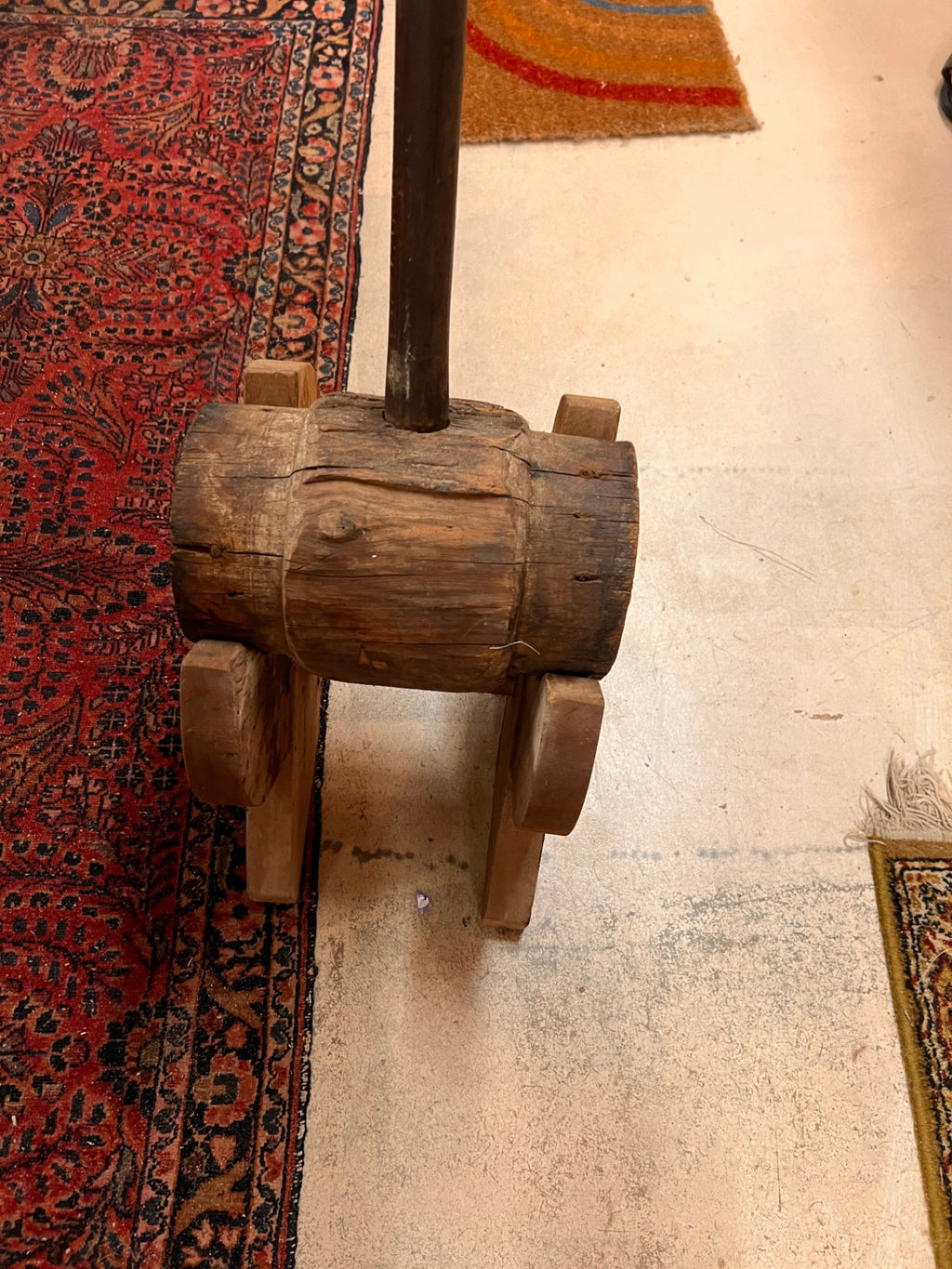 Antique 36" Wooden Beetle Maul – Hand-Carved with "F.G. HAMER" – 19th Century Timber or Coopering Tool