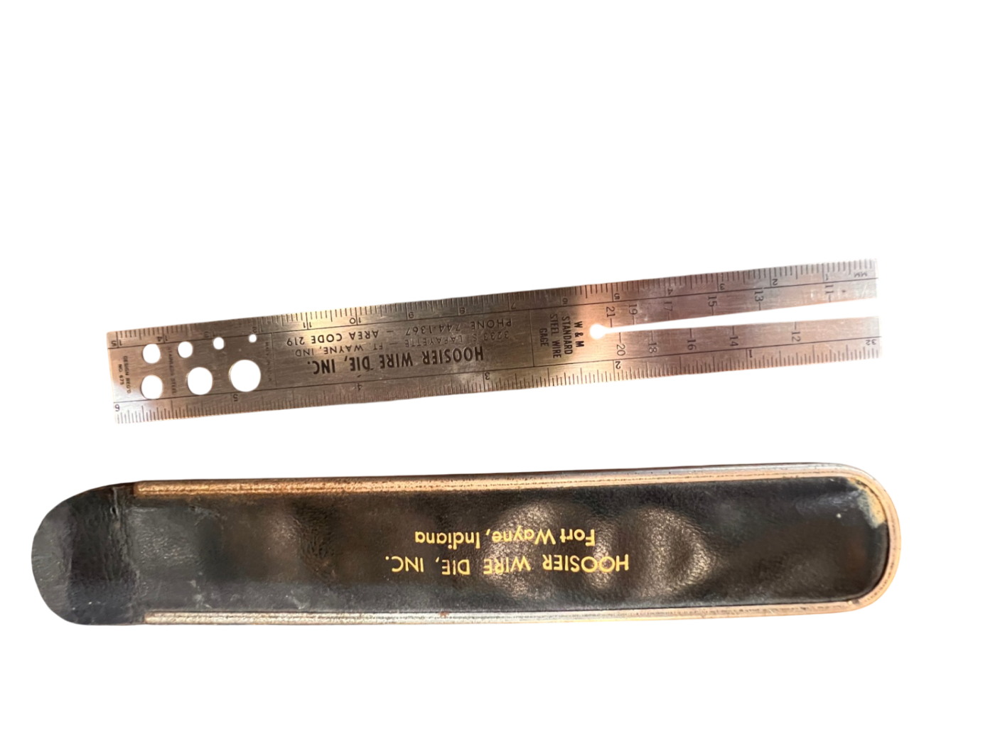 Vintage Hoosier Wire Die Inc. Stainless Steel Wire Gauge Ruler with Leather Sleeve