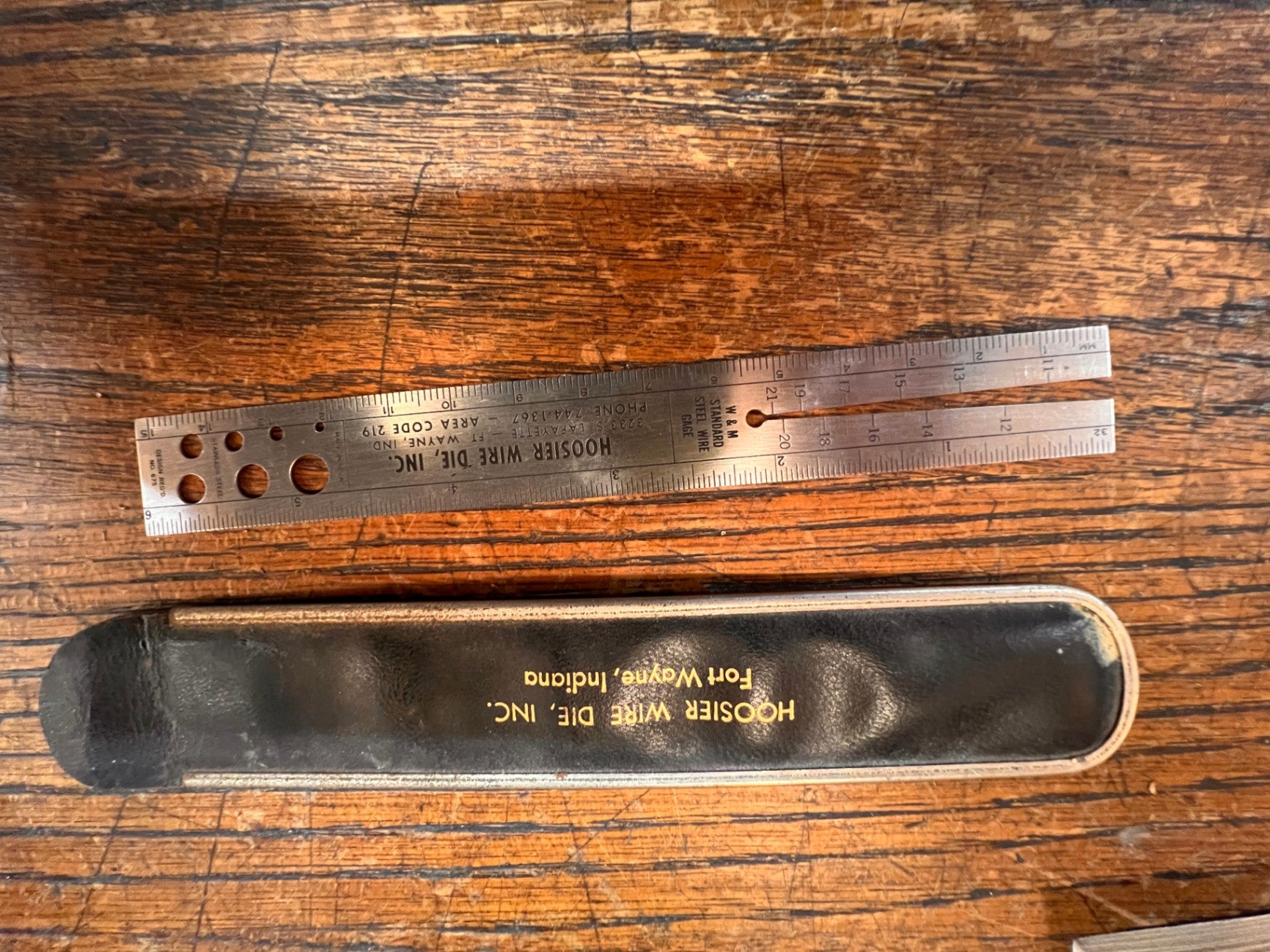 Vintage Hoosier Wire Die Inc. Stainless Steel Wire Gauge Ruler with Leather Sleeve