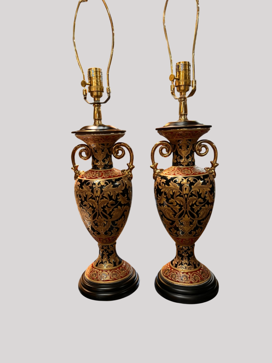 Pair of Oriental Accent Urn Table Lamps – Black & Gold Floral – Asian Style – With Shades – 30” Tall
