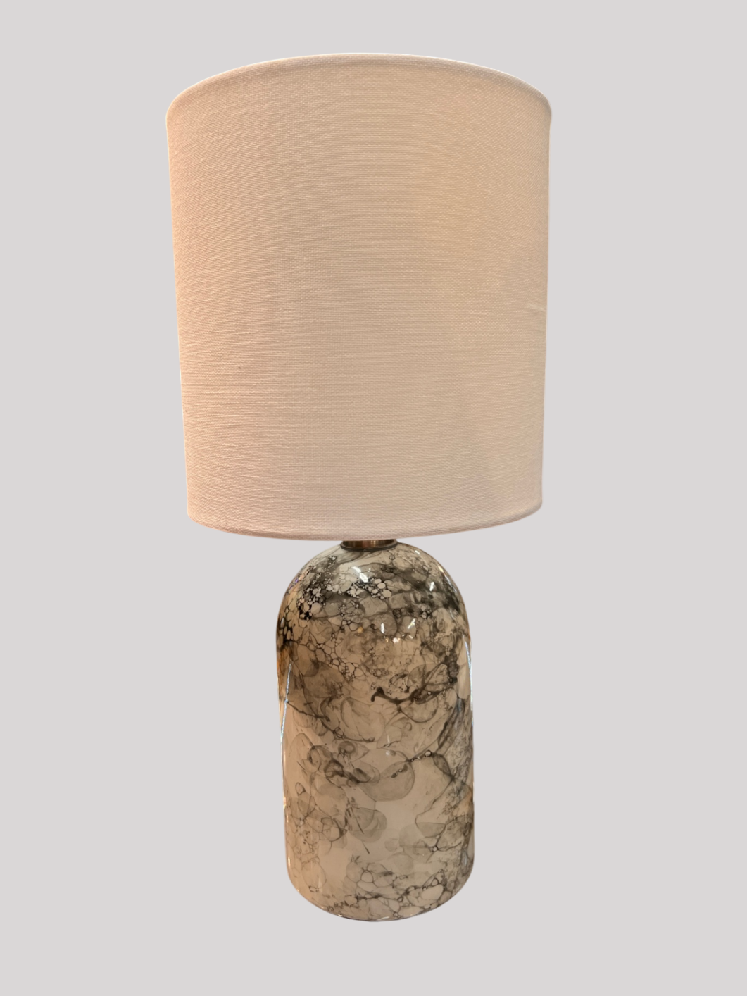 Beige and Marbled Black and White Glass and Fabric Lamp