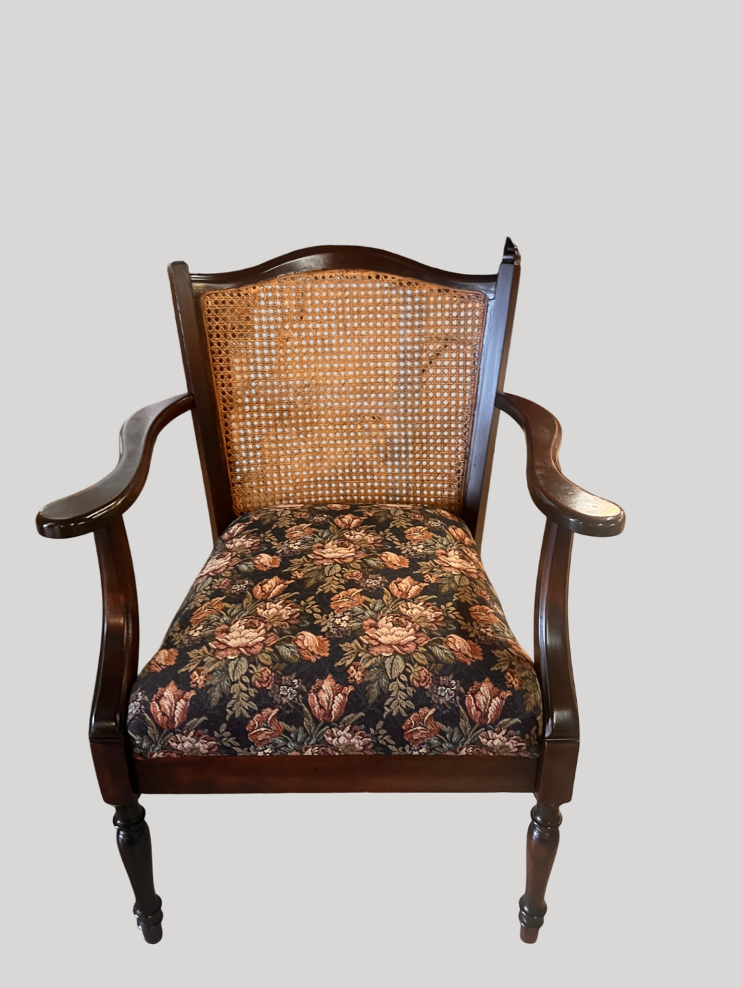 Dark Brown wood with floral fabric upholstery Wood and fabric Vintage Armchair