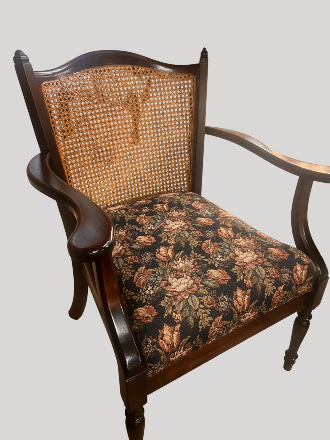 Dark Brown wood with floral fabric upholstery Wood and fabric Vintage Armchair