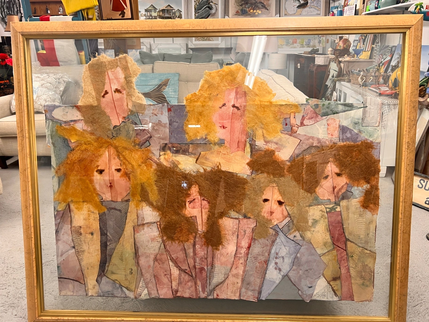 Large Framed Heno-Suffel Original Collage Art – 4'11"x3'11" – Whimsical Abstract Portraits – Signed