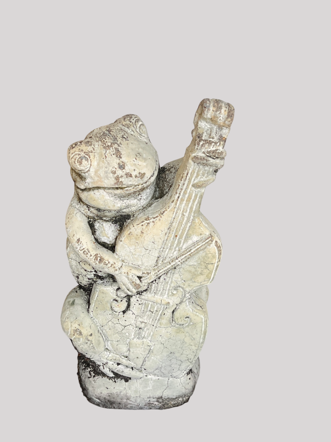 Vintage Cast Concrete Frog Playing Upright Bass Garden Statue – Whimsical Outdoor Décor