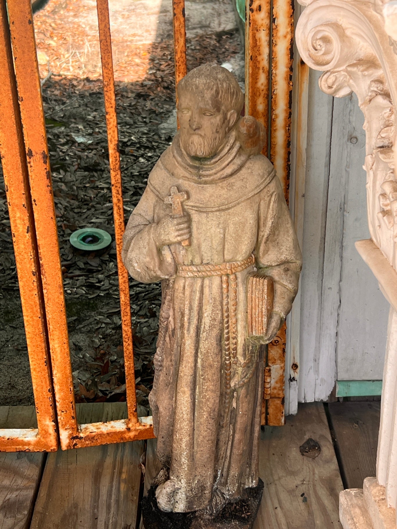 Vintage Cast Stone Saint Francis of Assisi Garden Statue with Bird – Religious Outdoor Décor