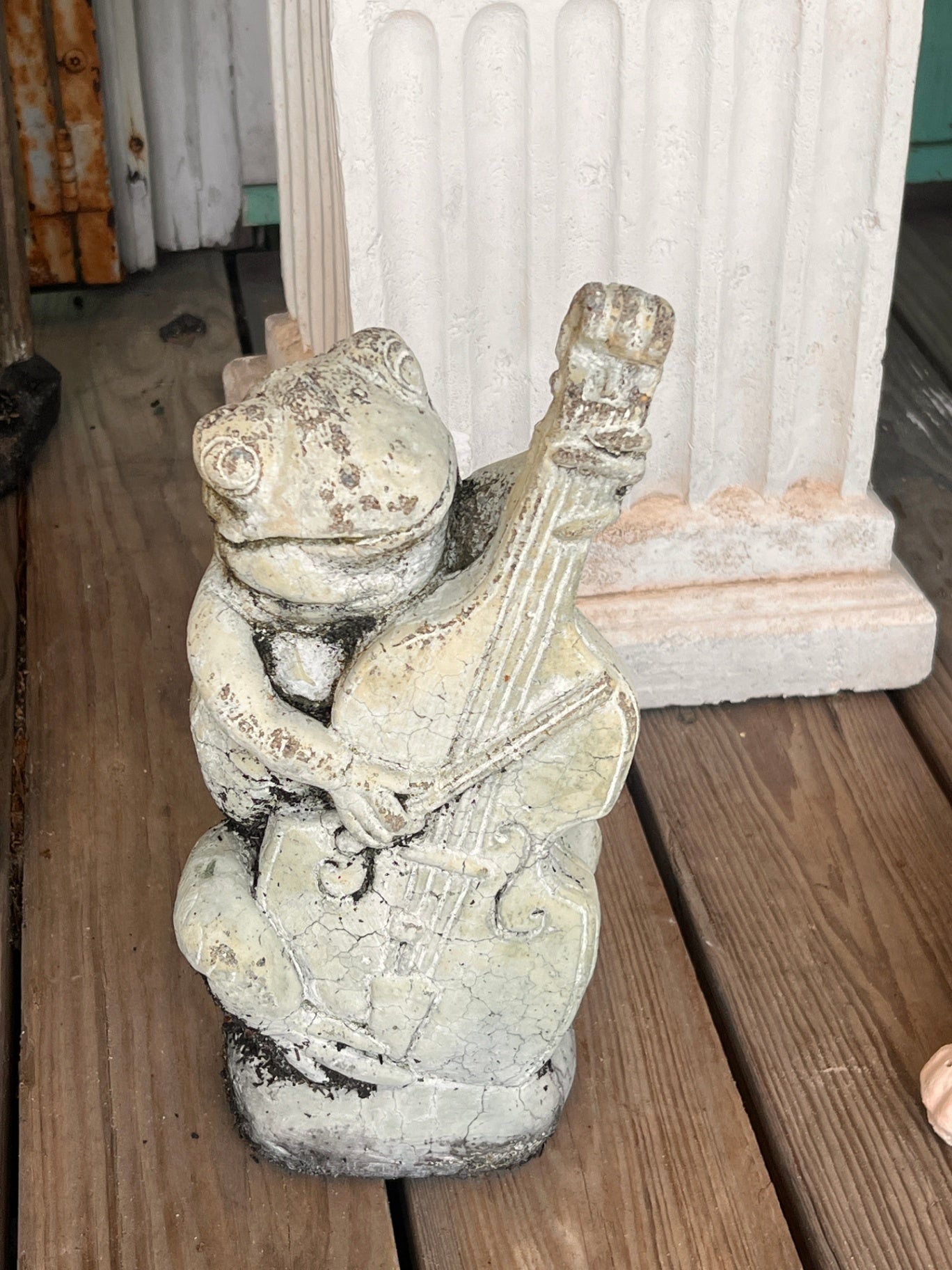 Vintage Cast Concrete Frog Playing Upright Bass Garden Statue – Whimsical Outdoor Décor