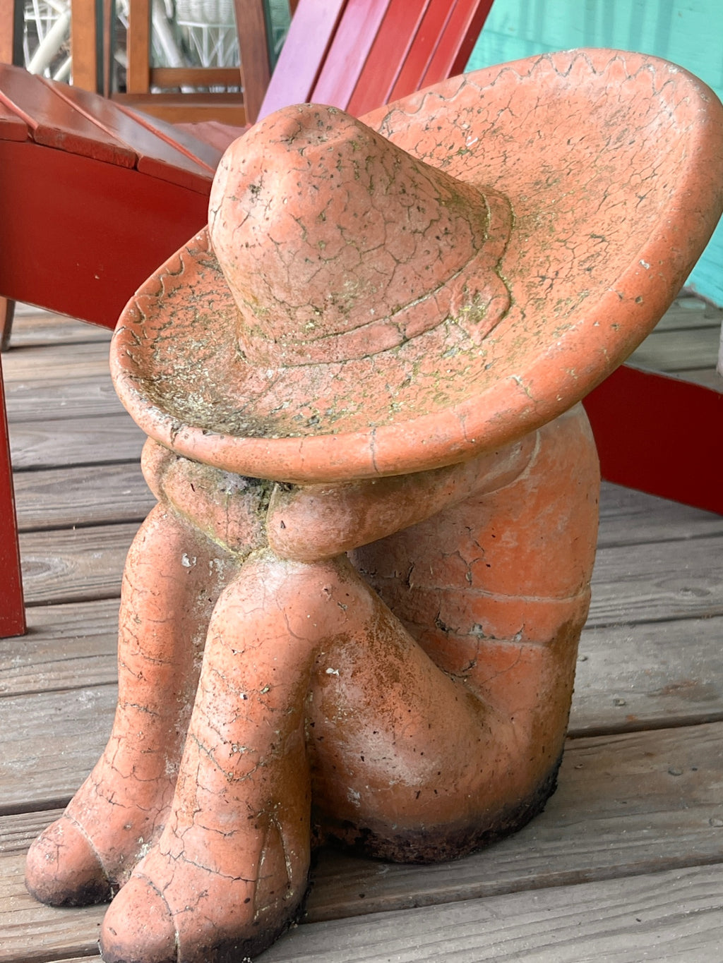 Vintage Mexican Terracotta Sleeping Man with Sombrero Garden Statue