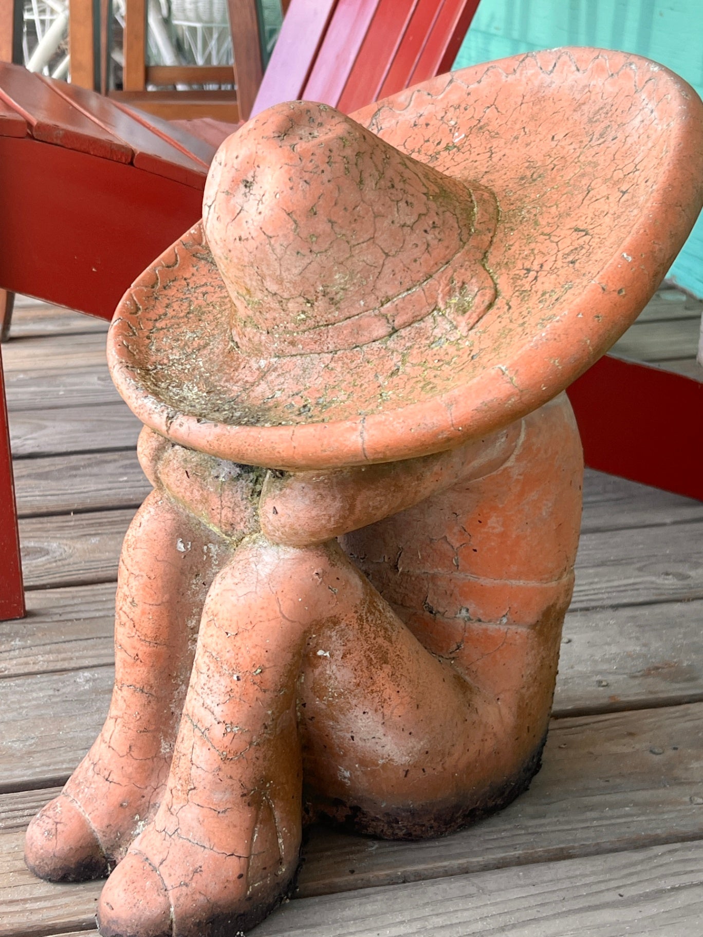 Vintage Mexican Terracotta Sleeping Man with Sombrero Garden Statue