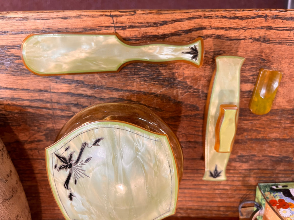 1930s Art Deco Butterscotch & Apple Juice Bakelite Vanity Dresser Set – 5-Piece