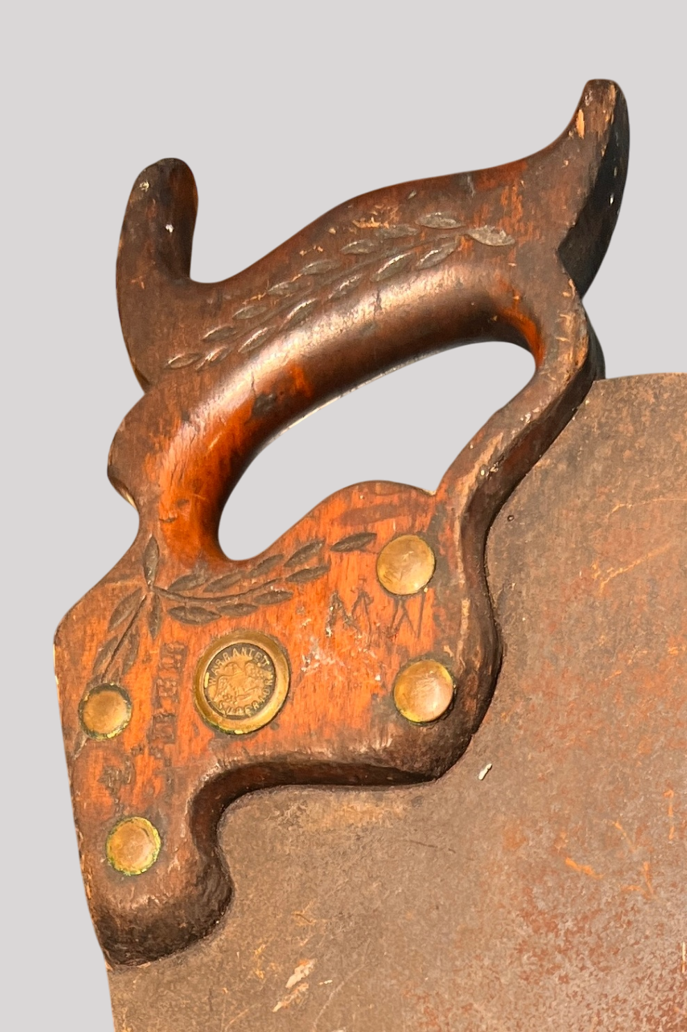  Antique “Warranted Superior” Hand Saw – Carved Wood Handle – USA, Late 1800s