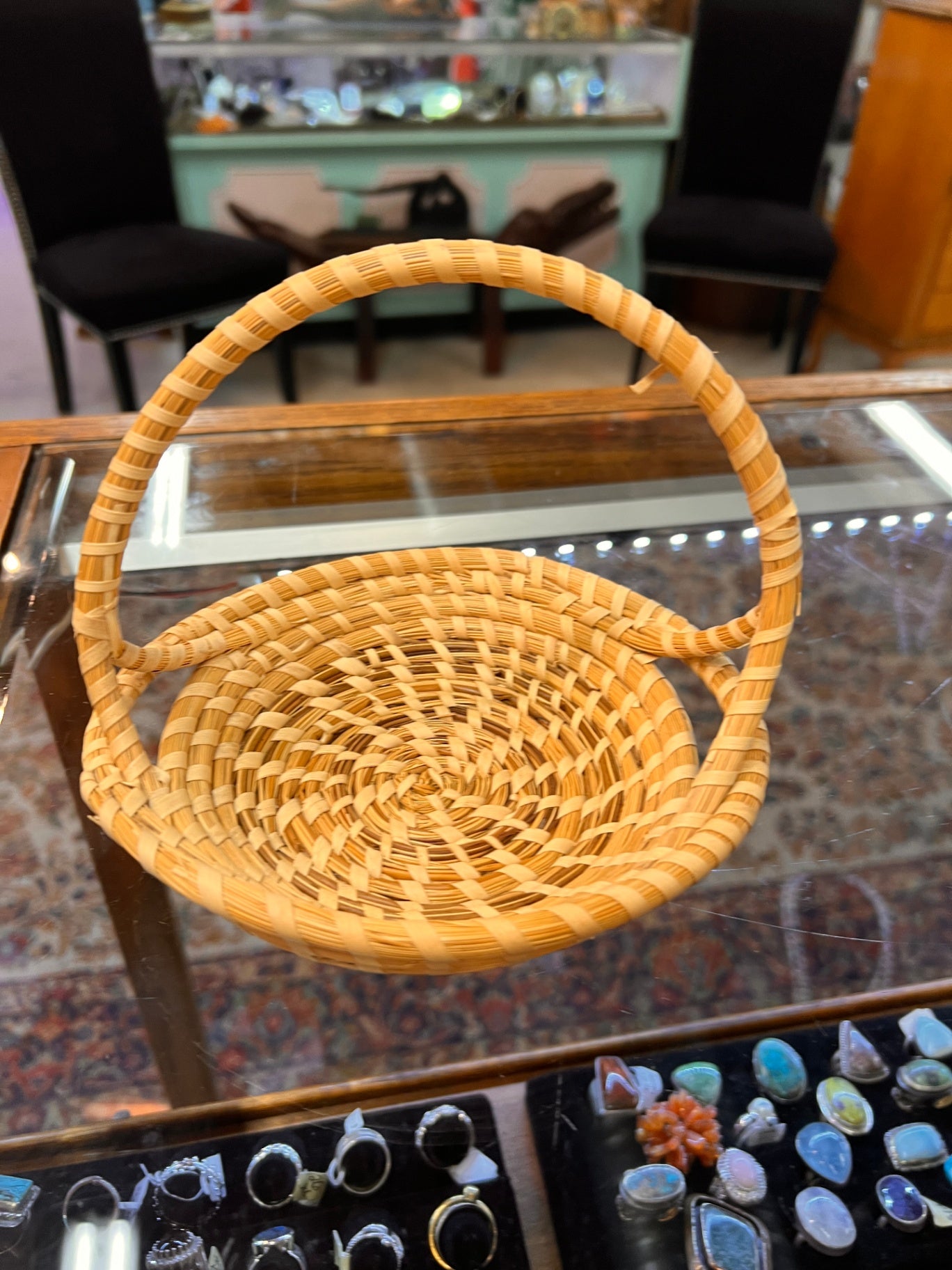 Small Gullah Sweetgrass Basket w/ Handle – Handwoven by Annabelle Ellis, SC – 6.5”