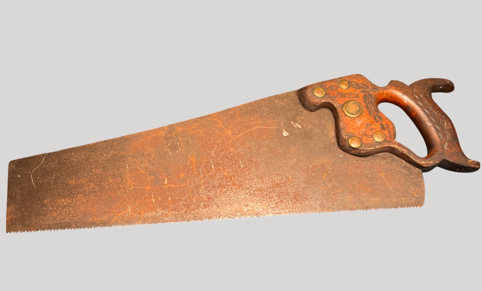  Antique “Warranted Superior” Hand Saw – Carved Wood Handle – USA, Late 1800s