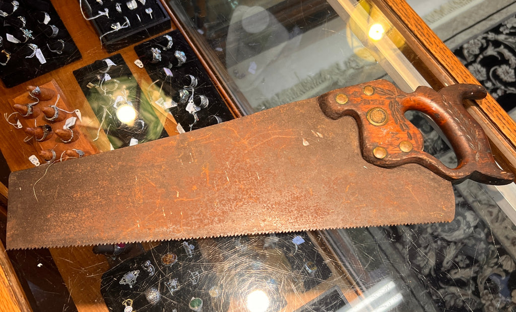  Antique “Warranted Superior” Hand Saw – Carved Wood Handle – USA, Late 1800s