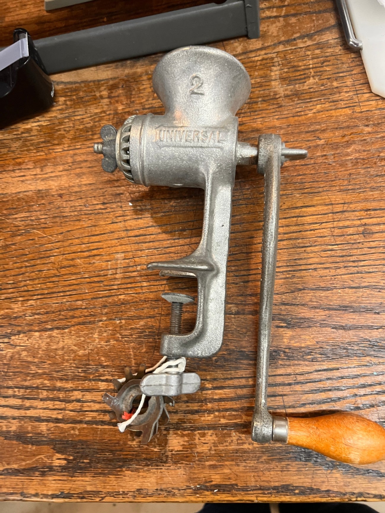 Universal Silver/Gray Cast Iron (likely) with Wooden Handle Manual Meat Grinder