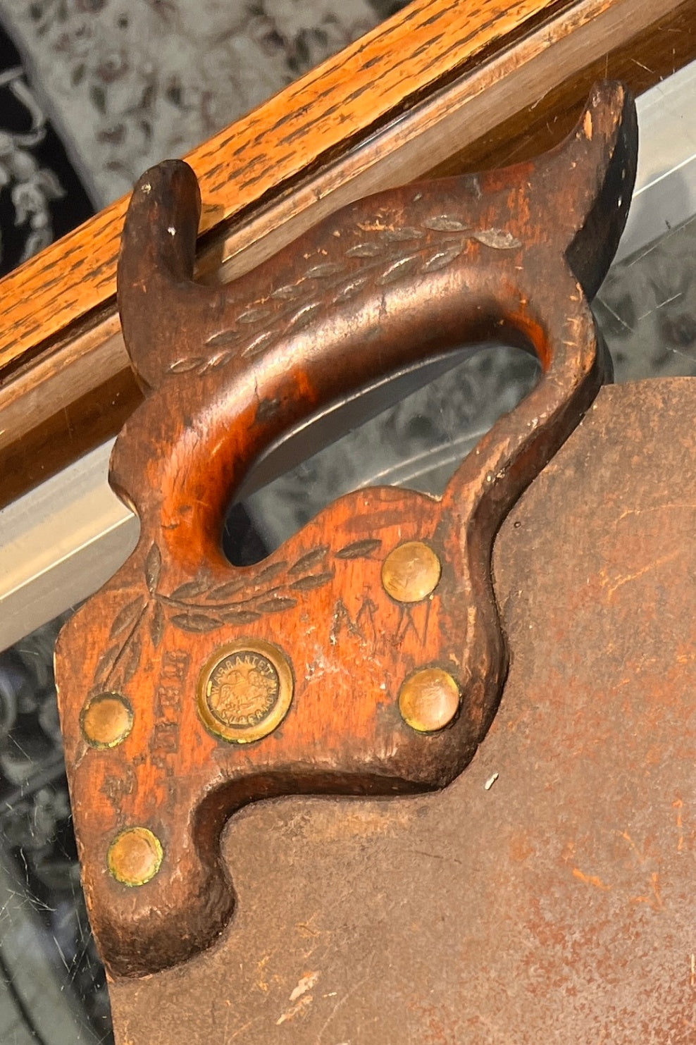  Antique “Warranted Superior” Hand Saw – Carved Wood Handle – USA, Late 1800s