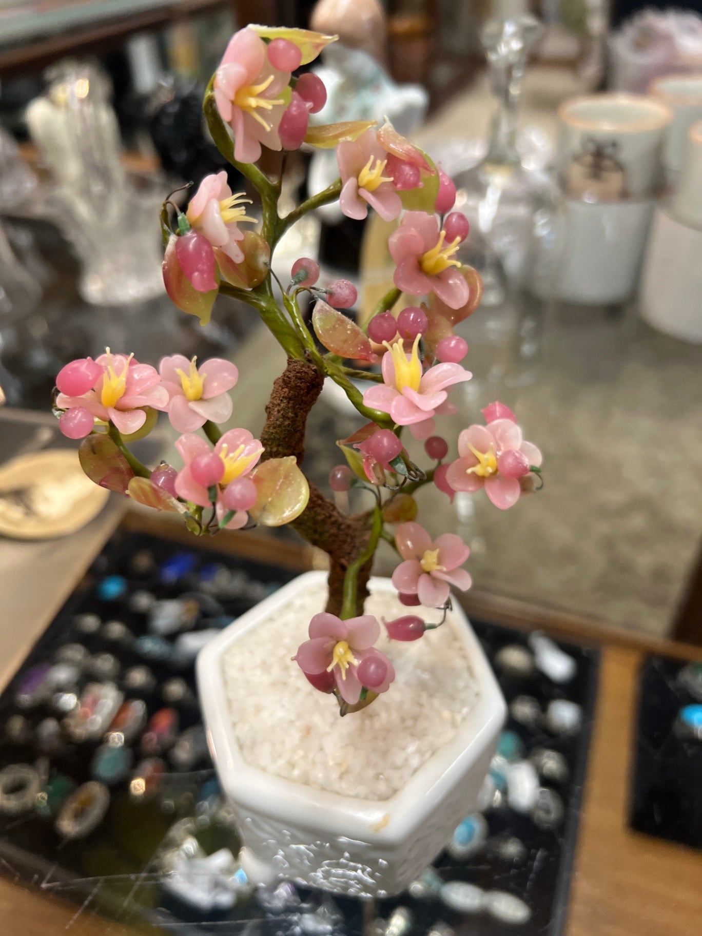 Vintage Japanese Pink Gemstone Bonsai Tree Music Box in Porcelain Pot – c.1970s