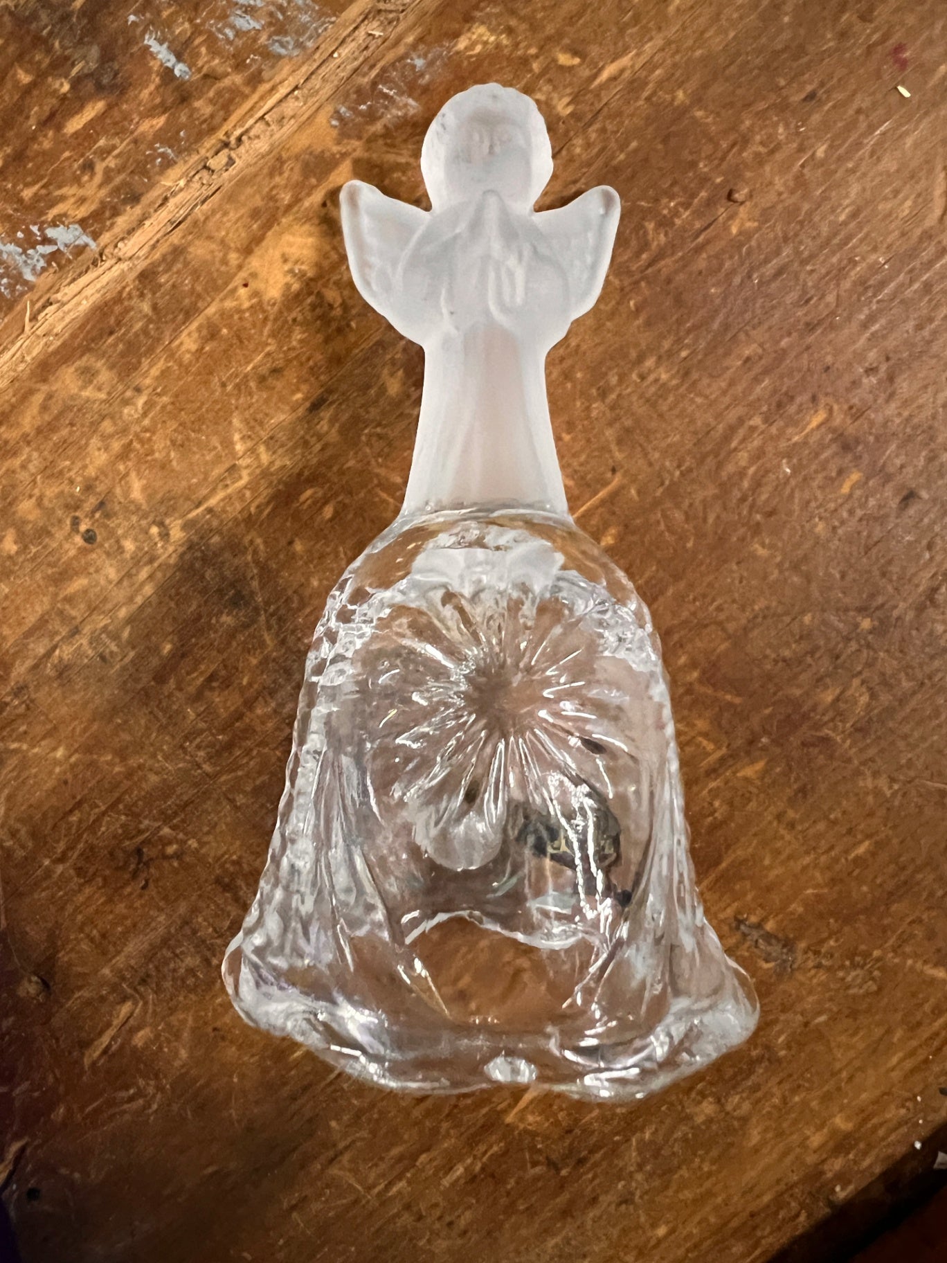 LaVie clear pressed glass bell with frosted angel handle