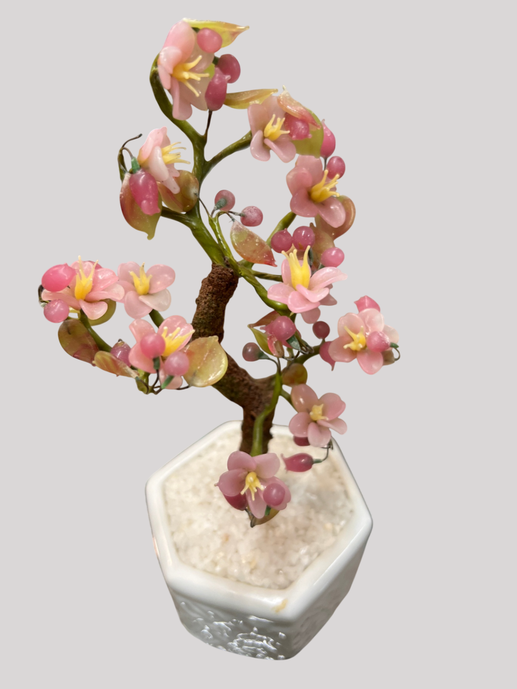 Vintage Japanese Pink Gemstone Bonsai Tree Music Box in Porcelain Pot – c.1970s