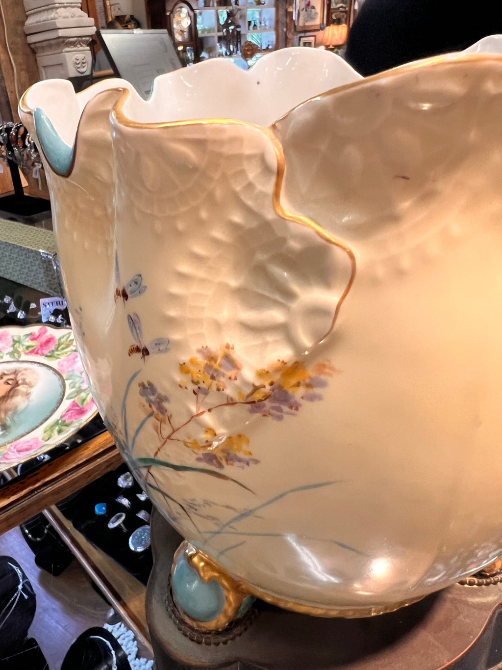 Antique Limoges France Hand-Painted Porcelain Jardinière with Figural Scene & Gilded Accents