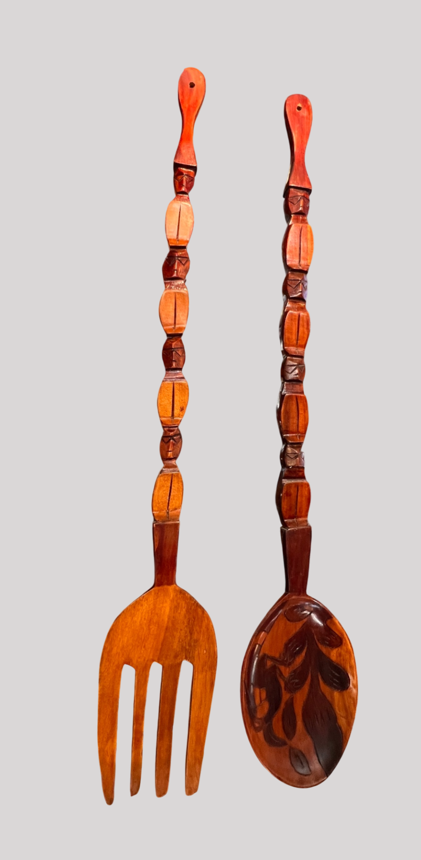 Large carved wooden fork and spoon wall décor 