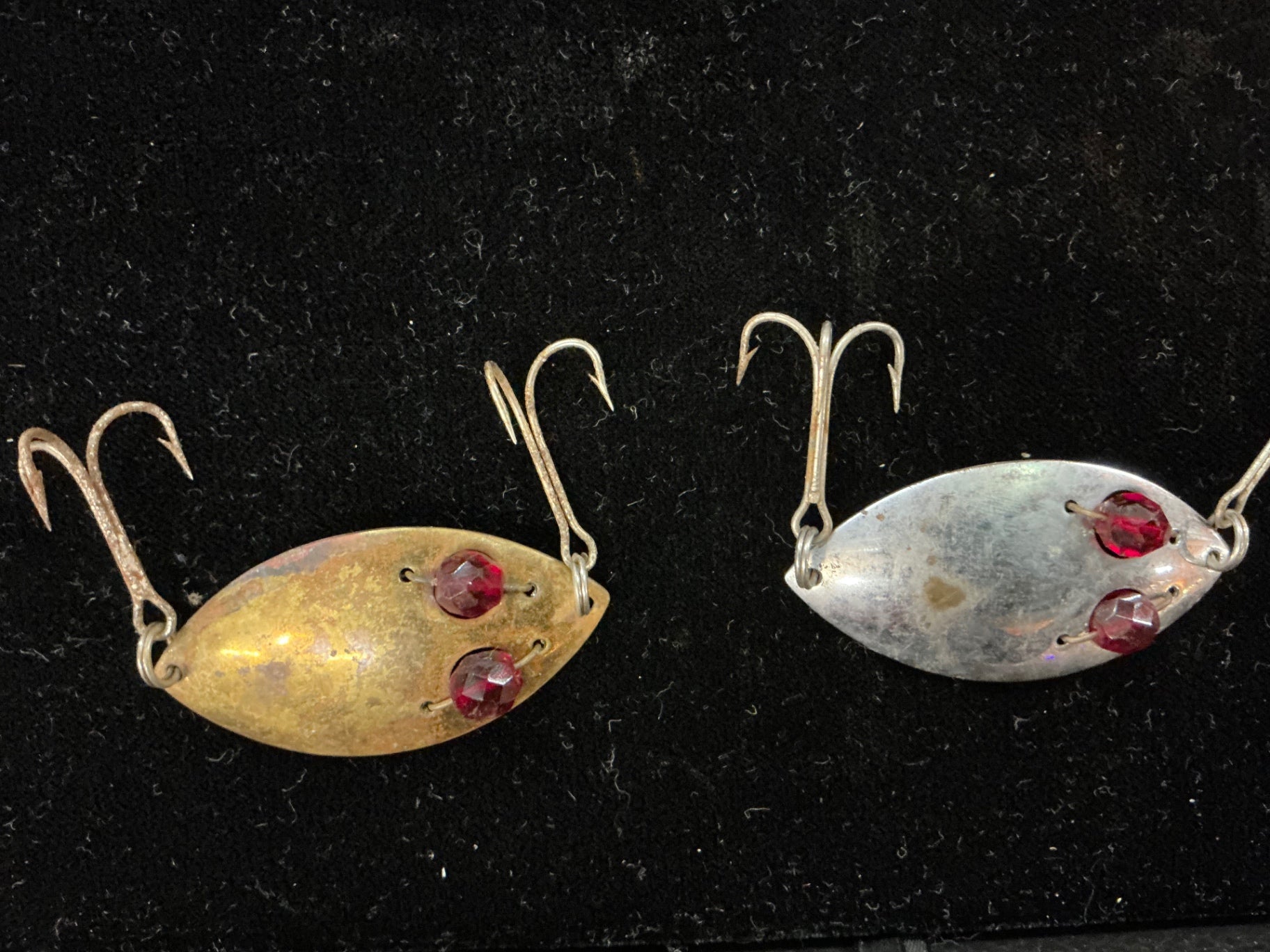 Pair of Vintage South Bend "Fish-Oreno" Metal Minnows – Brass & Chrome Finish – Faceted Red Eyes – 1940s–50s