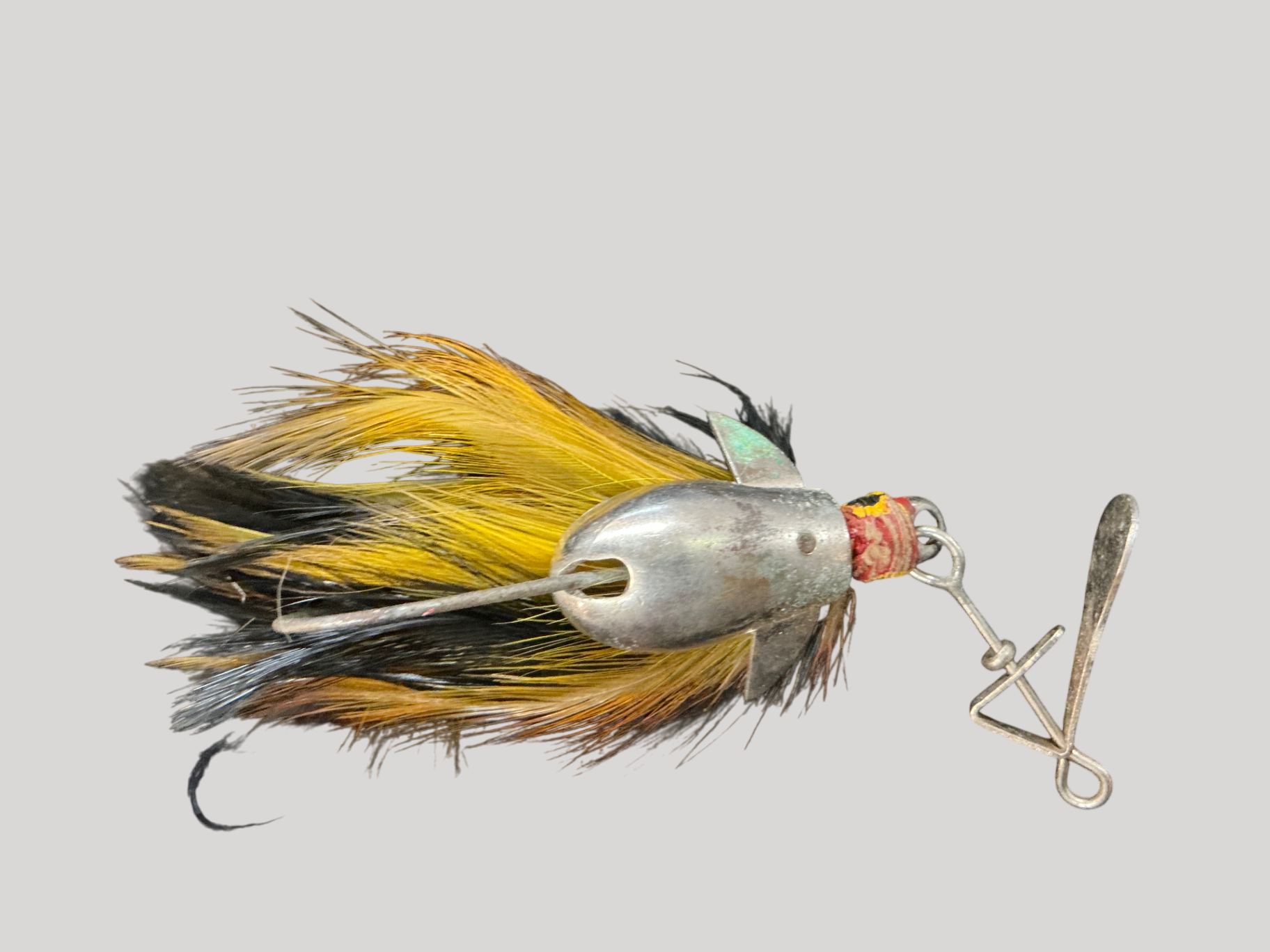 Vintage Yellow & Black Feathered Spinner Lure – Bullet-Shaped Head with Weed Guard – Early Freshwater Fishing Tackle