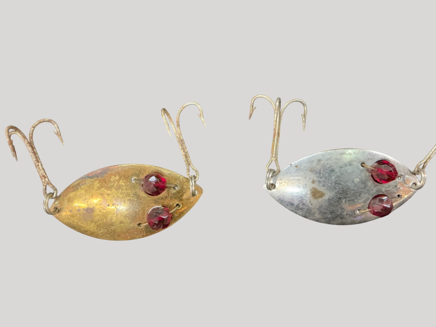 Pair of Vintage South Bend "Fish-Oreno" Metal Minnows – Brass & Chrome Finish – Faceted Red Eyes – 1940s–50s