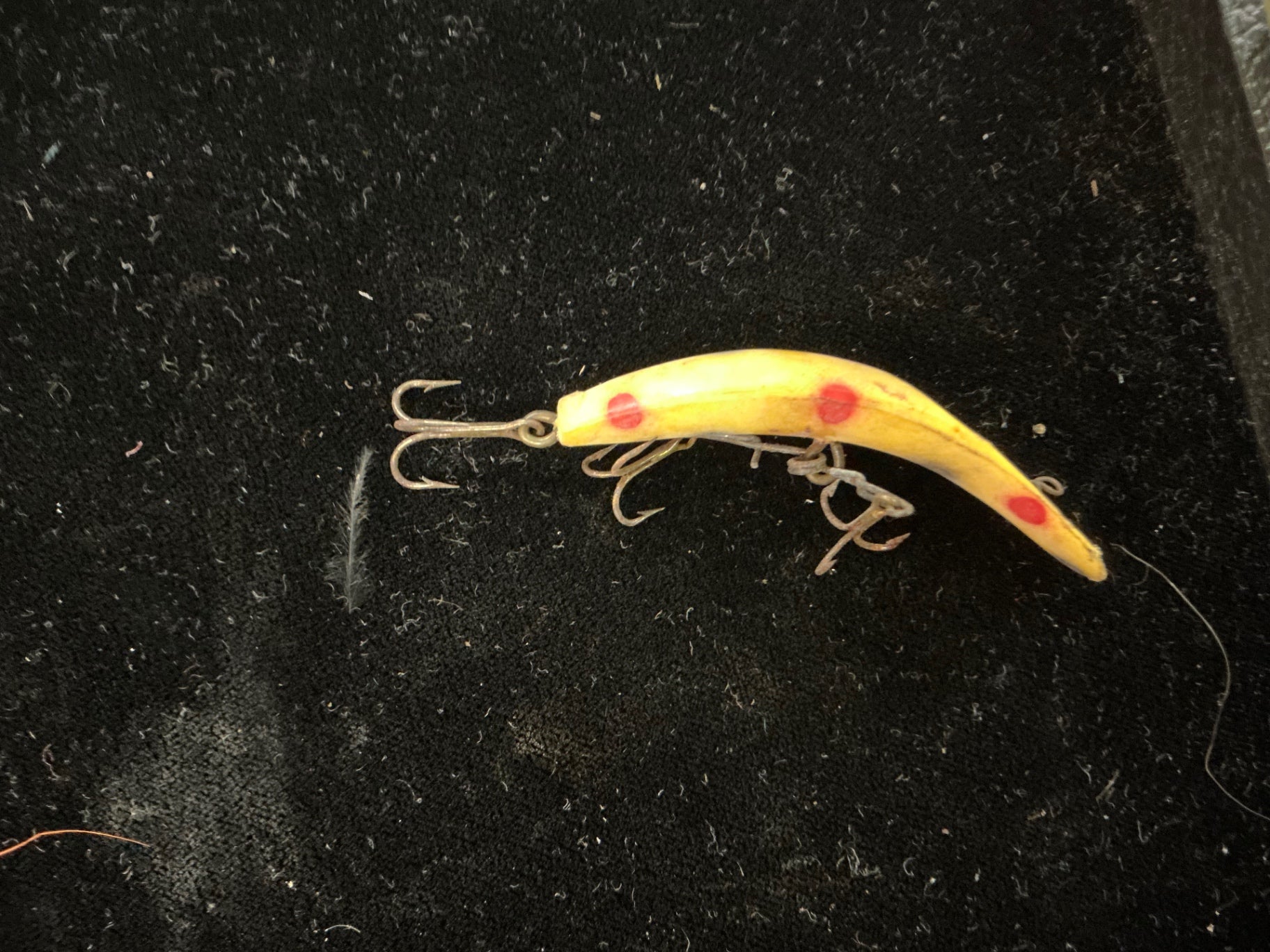 Vintage Wooden Fishing Lure – Yellow with Red & Black Spots – Curved Body Crankbait