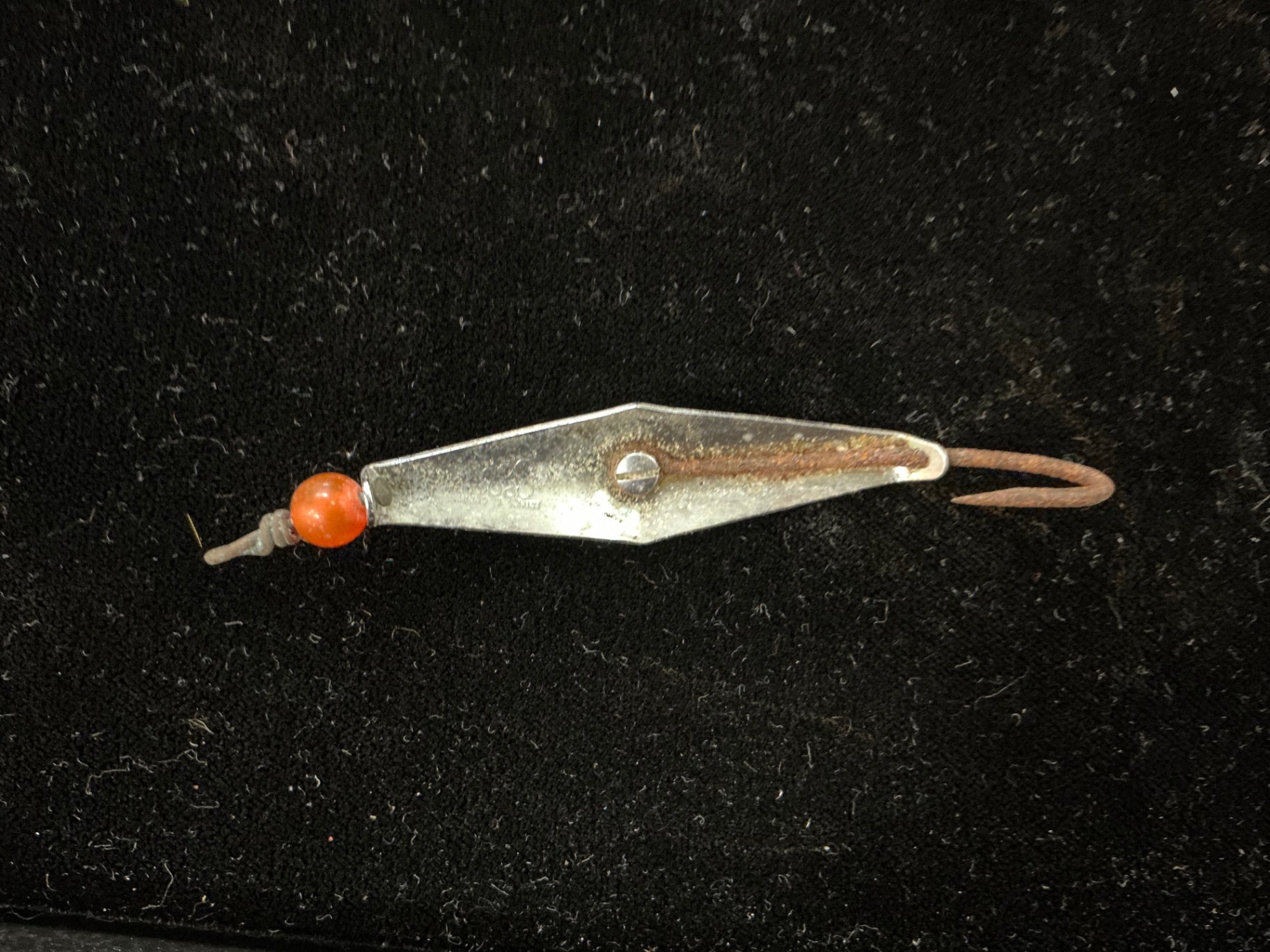Vintage Ice Fishing Jigging Spoon – Diamond Shape Chrome with Red Bead – Single Hook