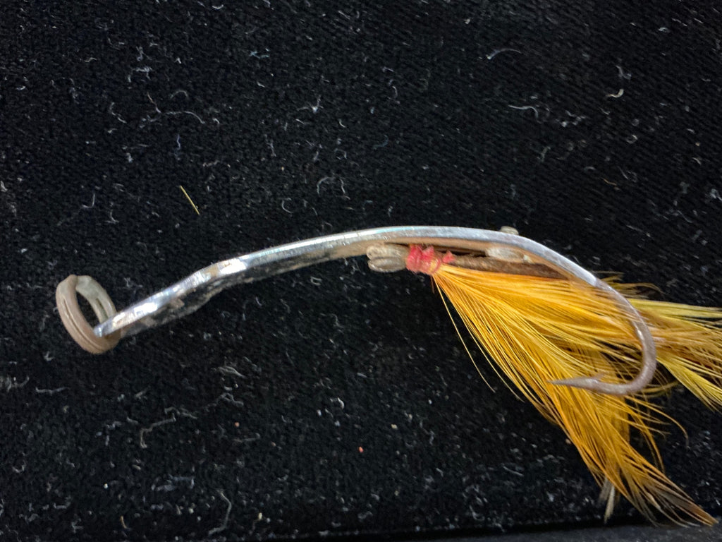 Vintage Bent-Wire Feathered Fishing Hook – Chrome Finish with Yellow Hackle