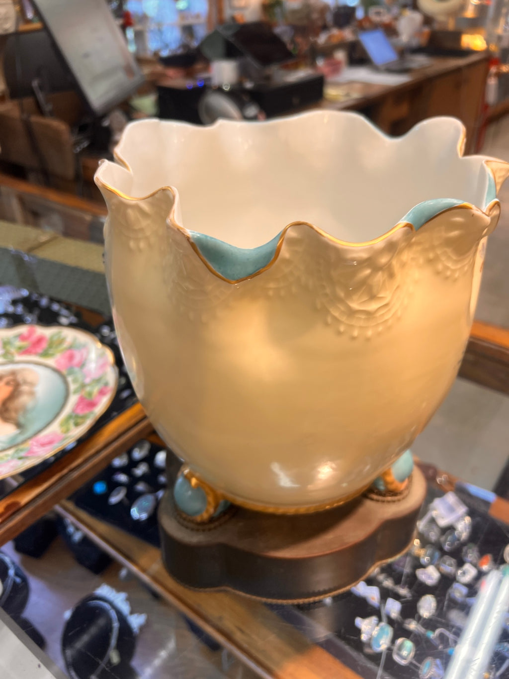 Antique Limoges France Hand-Painted Porcelain Jardinière with Figural Scene & Gilded Accents