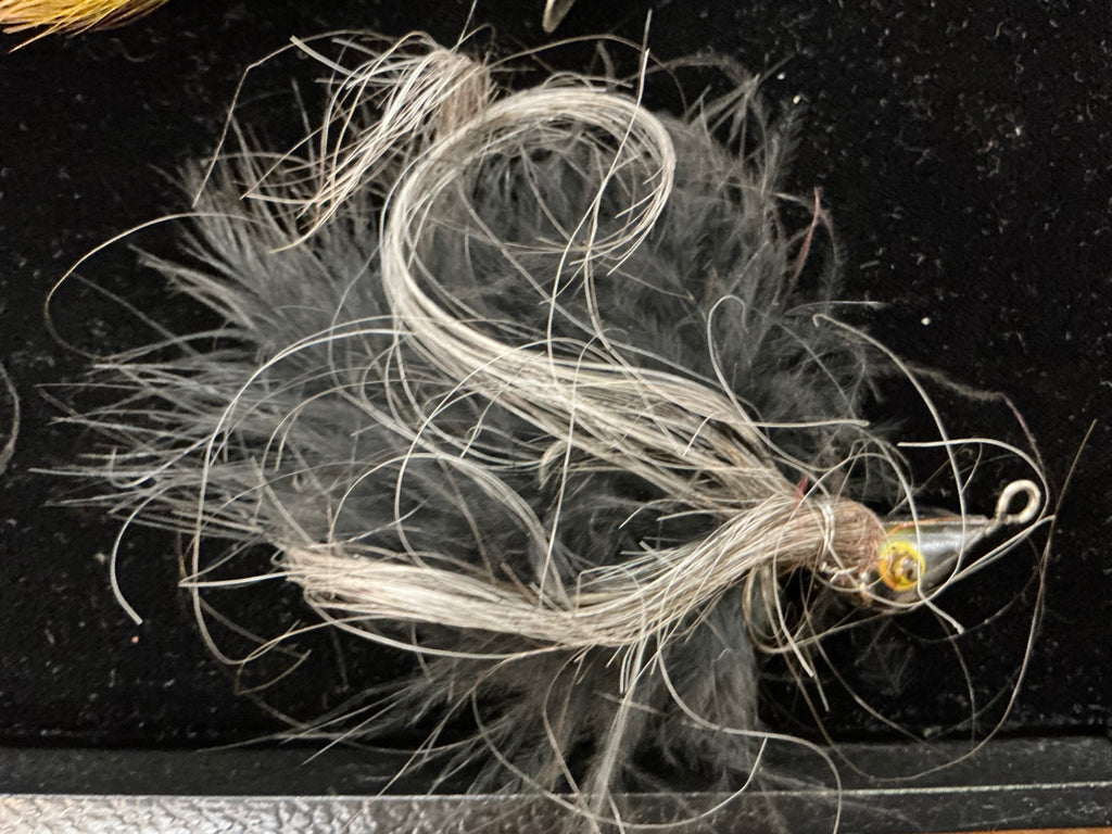 Vintage Black Marabou & Bucktail Jig – Weighted Head with Painted Eyes – Classic Fishing Lure