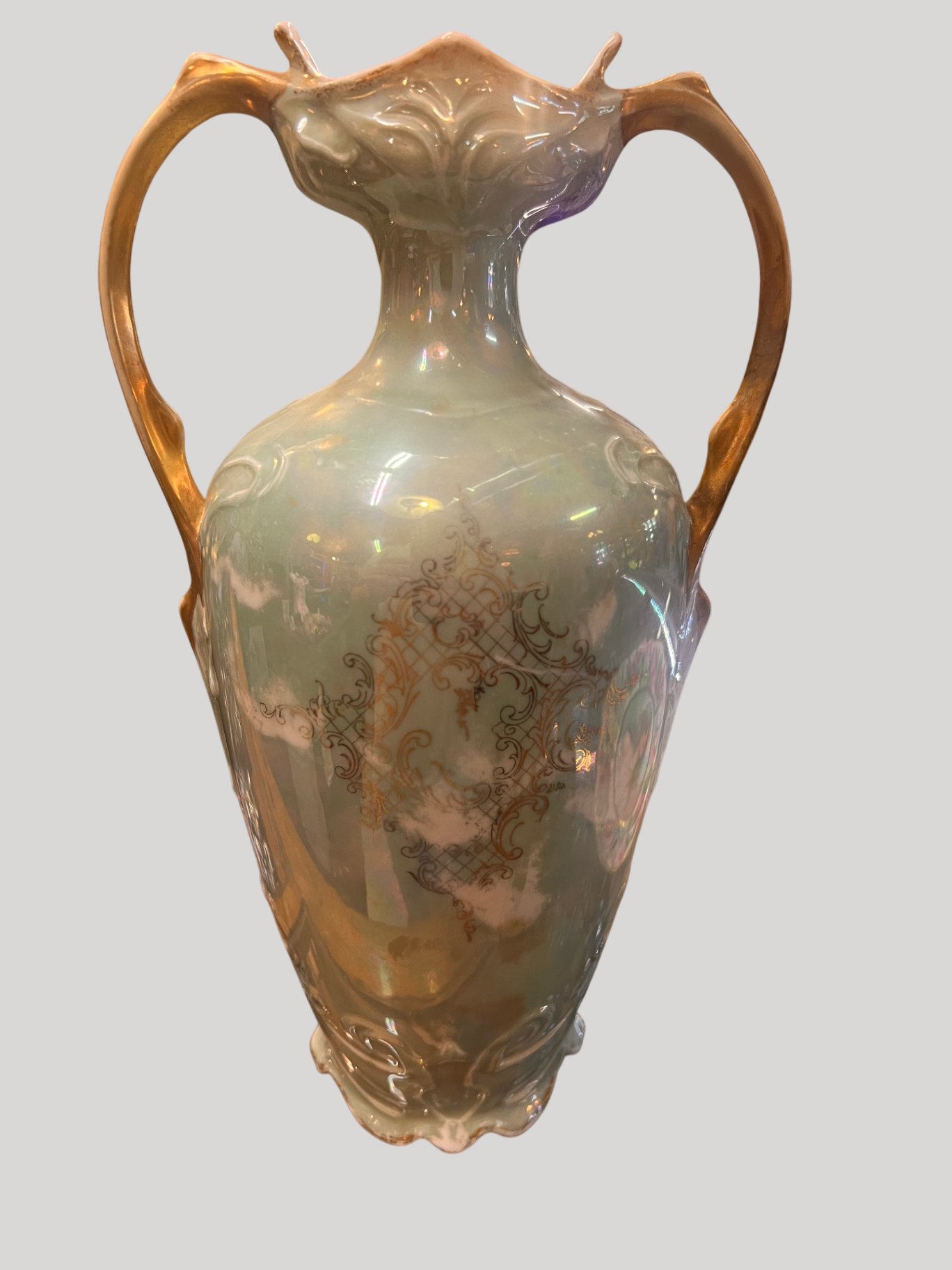 Antique Art Nouveau Porcelain Portrait Vase – Two Handles, Hand-Painted Gilt & Maiden Scene, c. 1890–1915