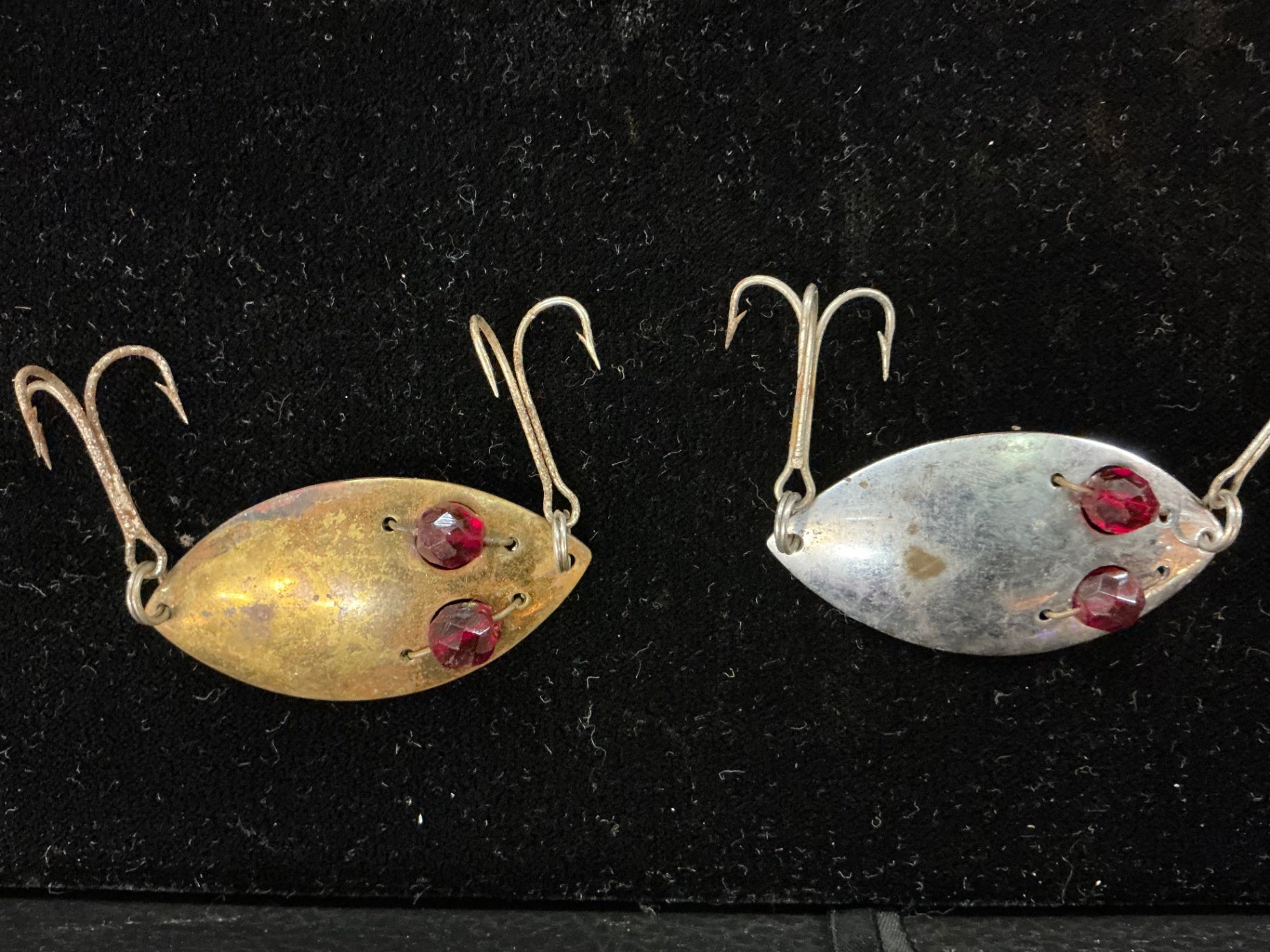 Pair of Vintage South Bend "Fish-Oreno" Metal Minnows – Brass & Chrome Finish – Faceted Red Eyes – 1940s–50s