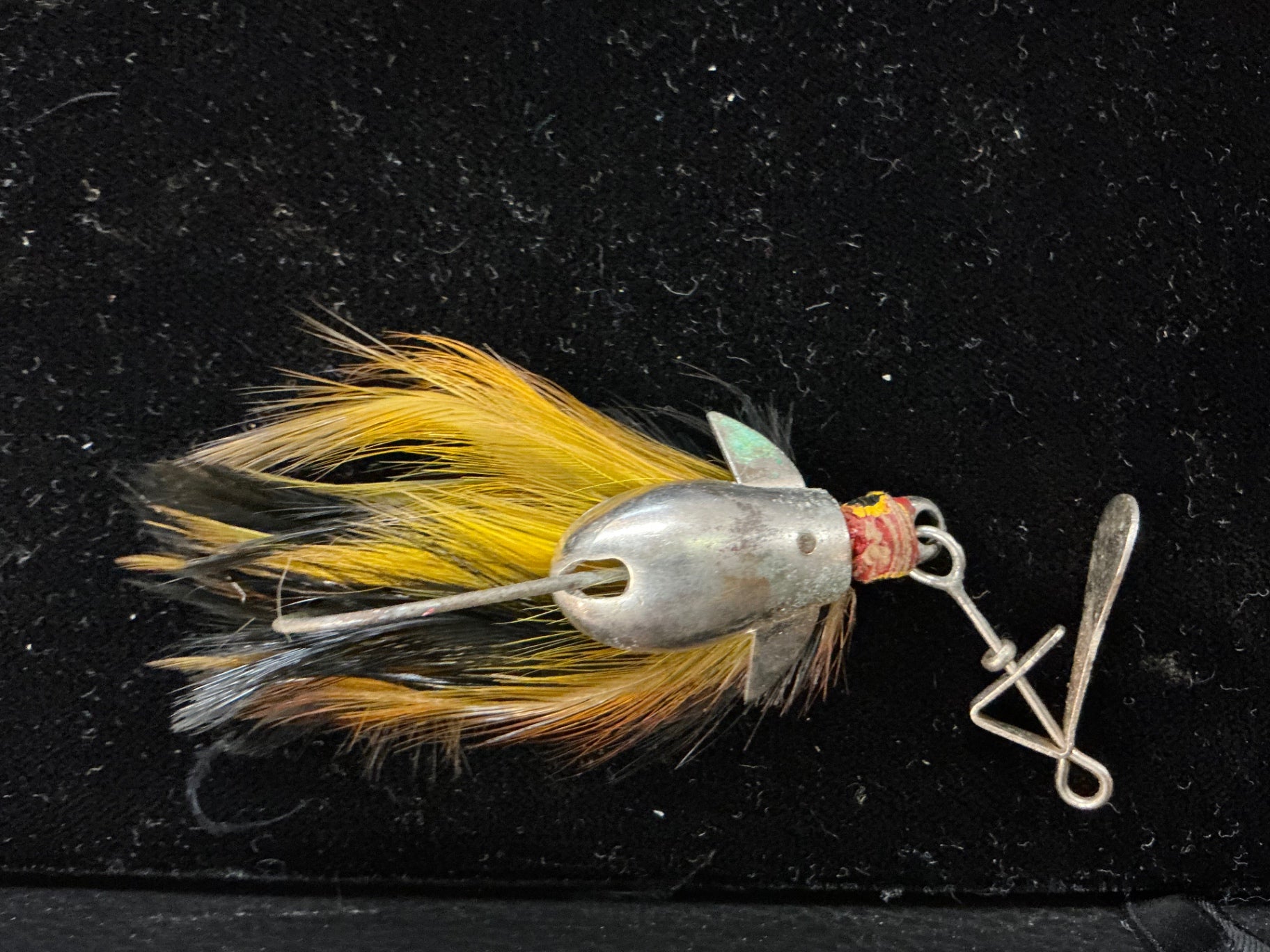 Vintage Yellow & Black Feathered Spinner Lure – Bullet-Shaped Head with Weed Guard – Early Freshwater Fishing Tackle