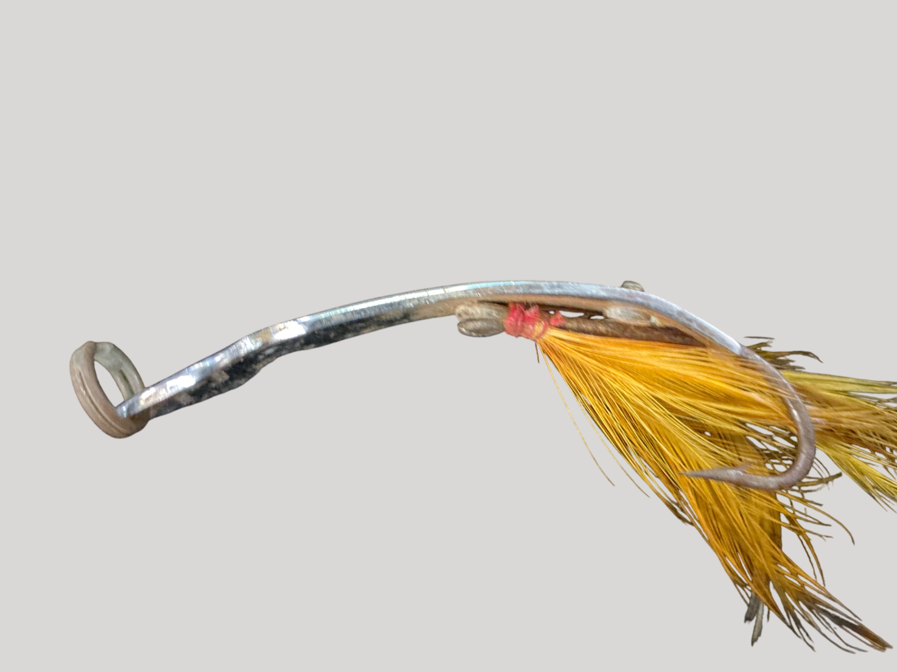 Vintage Bent-Wire Feathered Fishing Hook – Chrome Finish with Yellow Hackle