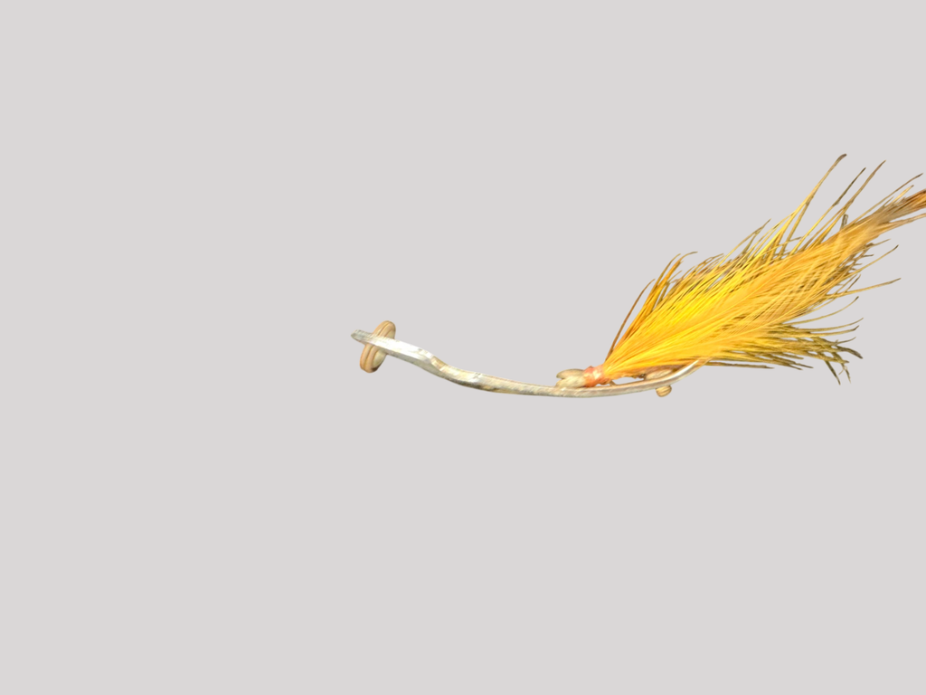 Vintage Bent-Wire Feathered Fishing Hook – Chrome Finish with Yellow Hackle