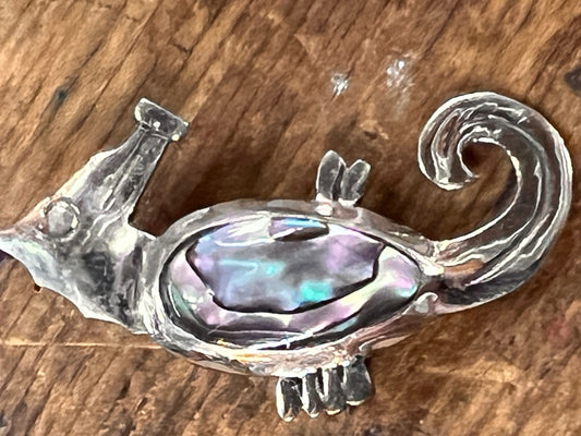 Abalone and Sterling Seahorse Pin