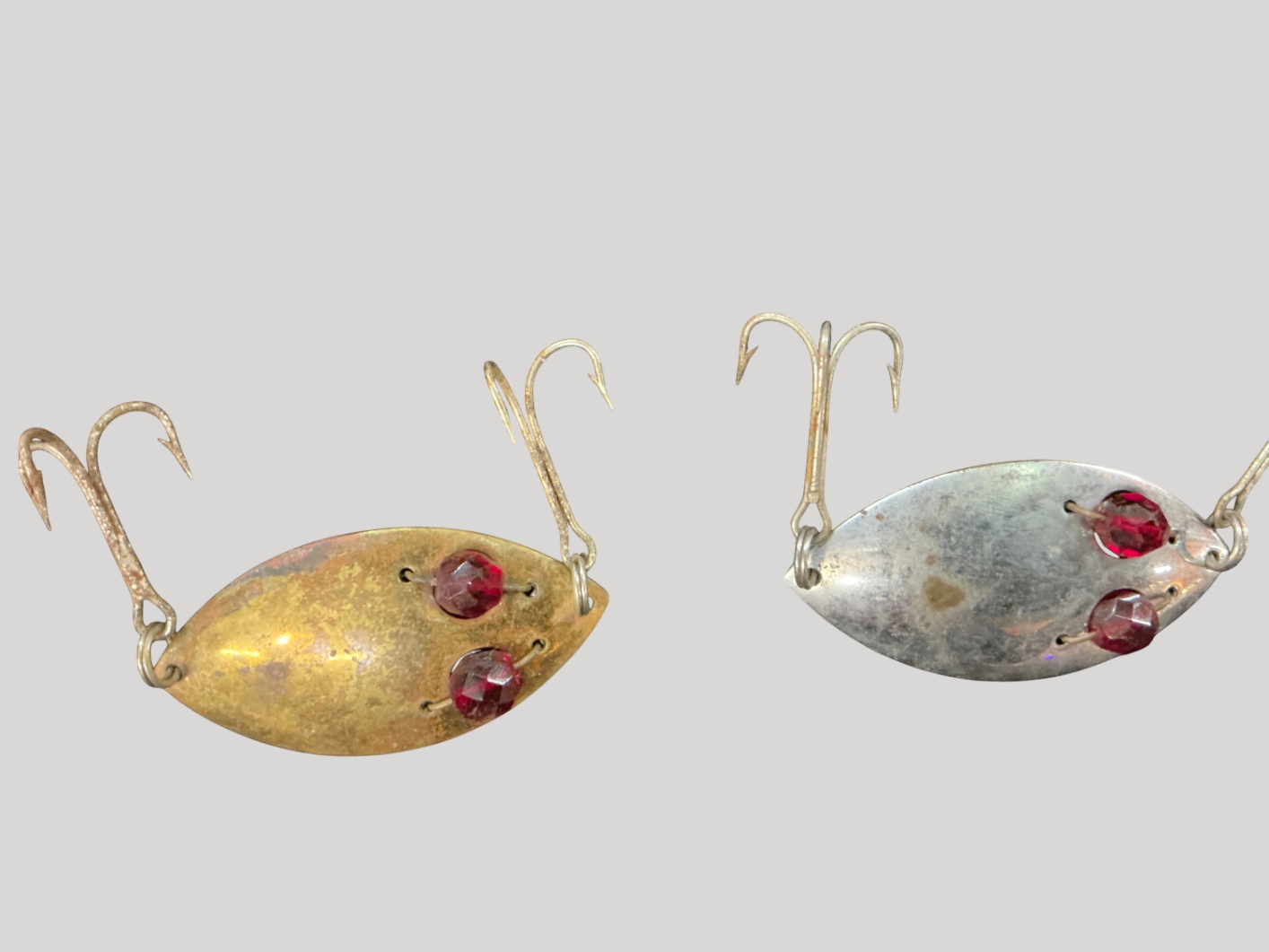 Pair of Vintage South Bend "Fish-Oreno" Metal Minnows – Brass & Chrome Finish – Faceted Red Eyes – 1940s–50s